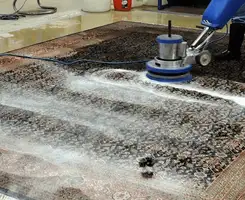 Professional rug cleaning with a rotary floor machine and shampoo foam, deep-cleaning an area rug, in Manchester, NH.