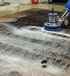 Professional rug cleaning with a rotary floor machine and shampoo foam, deep-cleaning an area rug Manchester, NH.